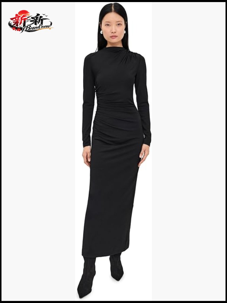 Lioness Contour Maxi Dress - Mock Neck Long Sleeve Ruched